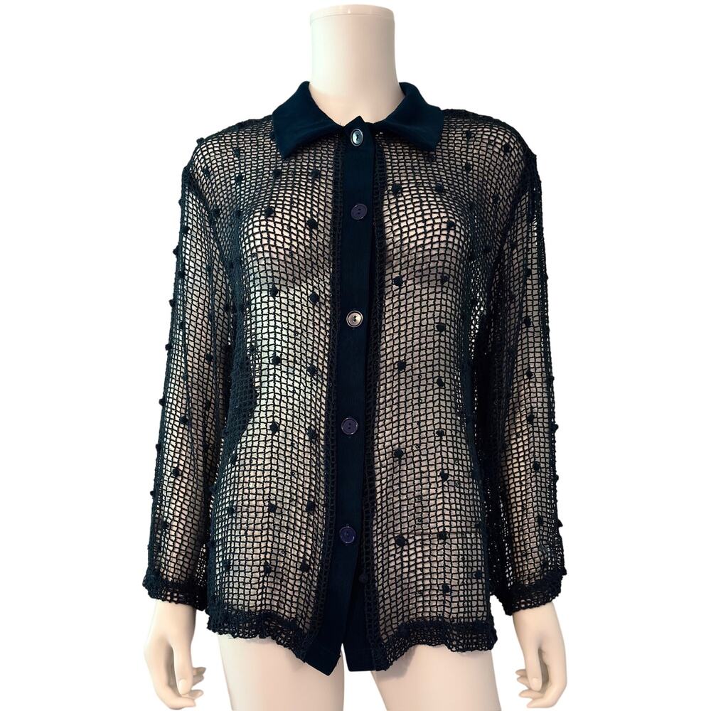 Vtg Blue Mesh Crochet Blouse Womens Sheer Open Knit Avant Garde Goth Top Large - Picture 2 of 11
